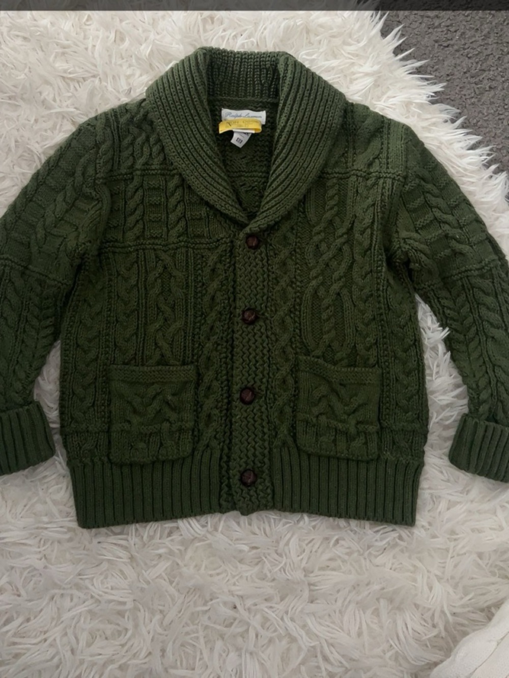 Ralph Lauren Olive Green Cable-Knit Shawl Collar Cardigan - Kids